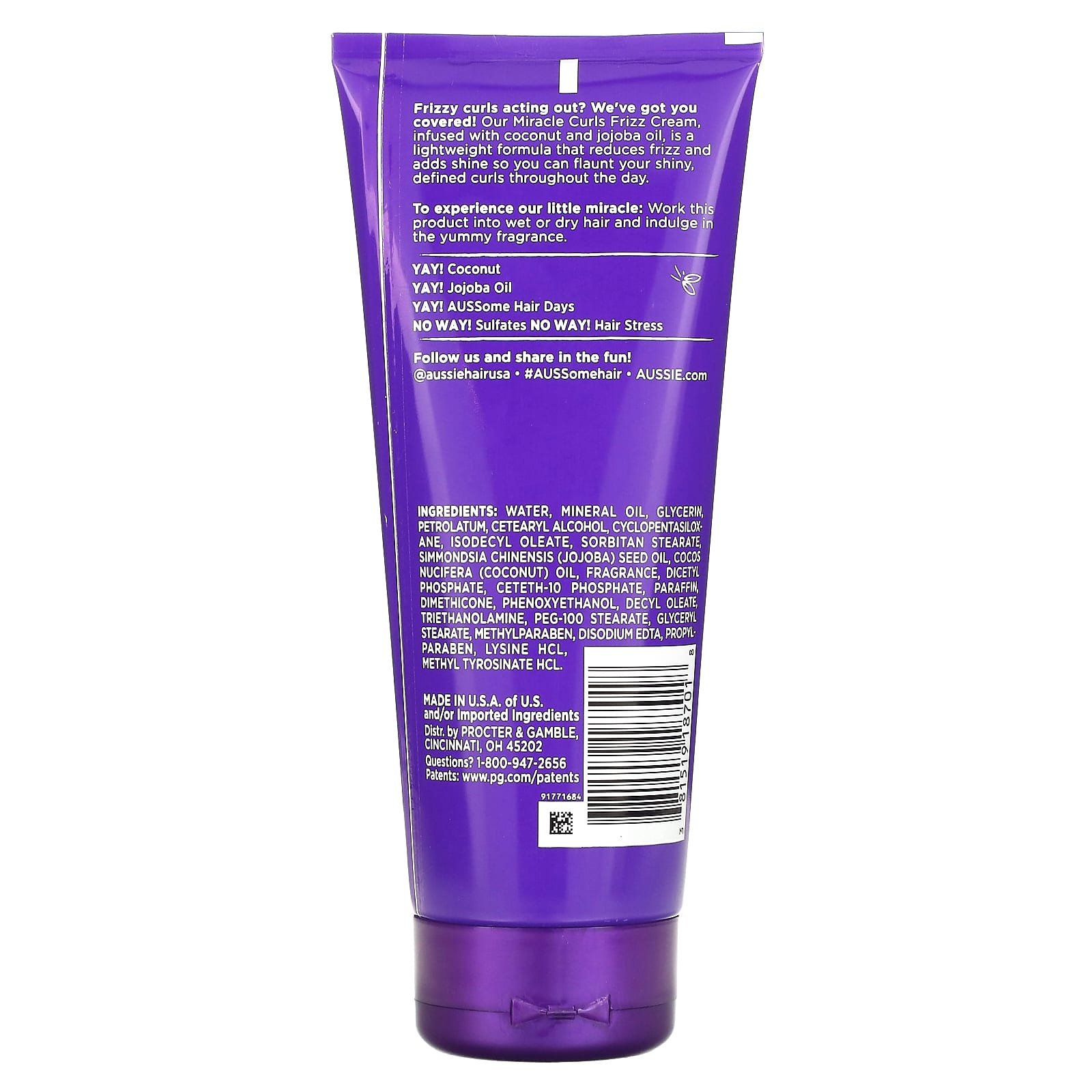 Aussie, Miracle Curls, Frizz Taming Cream With Coconut &Amp;Amp; Jojoba Oil, 6.8 Oz (193 G)