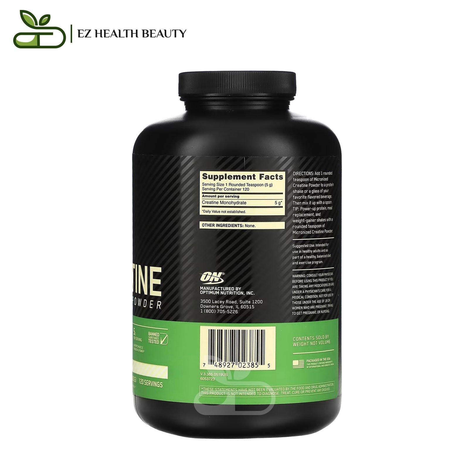 Micronized Creatine Powder Supplement Unflavored Optimum Nutrition (600 G) To Improve Physical Performance
