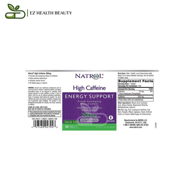 Natrol High Caffeine Extra Strength 200 Mg, 100 Tablets