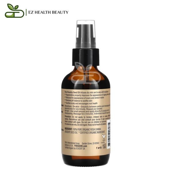 Pura D'Or Professional Organic Rosehip Seed Oil, 4 Fl Oz (118 Ml) For Increasing Skin Freshness